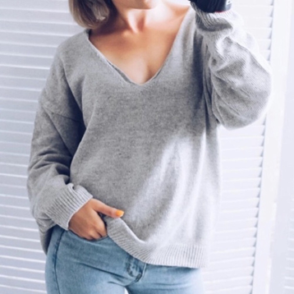 Gray Oversized Slouchy V Neck Pullover Sweater - Picture 2 of 4